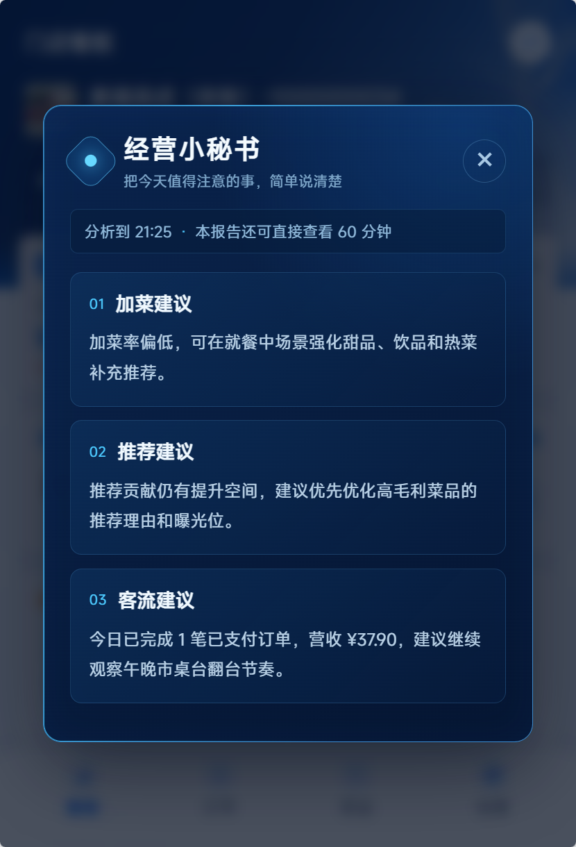 小宴餐厅 AI 经营小秘书分析建议